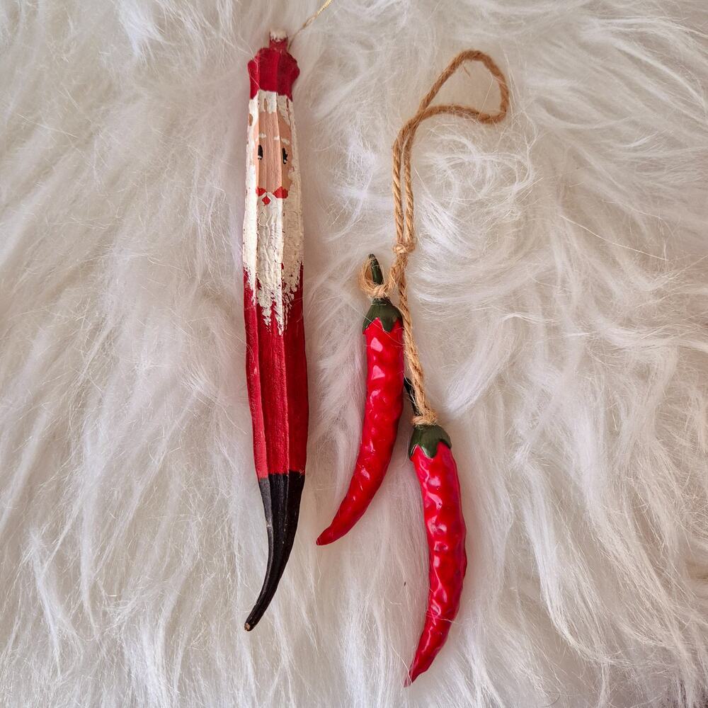 Handmade Chili Pepper Santa & Ceramic Ristra Christmas Ornaments Set